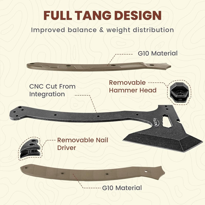 RXLUY Tactical Axe with G10 Handle Camping Survival Hatchet, Multifunctional Hiking Outdoor Heavy Duty Full Tang Tomahawk Tools with Hammer, Unique Design Crowbar, Leather Sheath (Gray) - Image 3